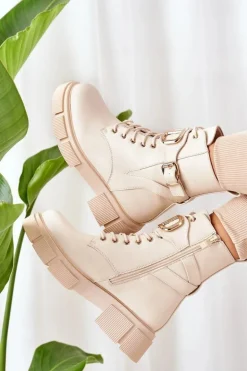 Ocieplane Workery Ze Złotą Klamrą Beżowe Maybelle