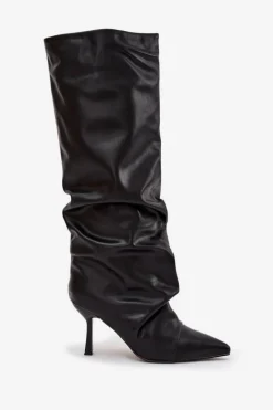 Ocieplane Wsuwane Kozaki Damskie Na Szpilce Z Marszczeniem Czarne Angelica