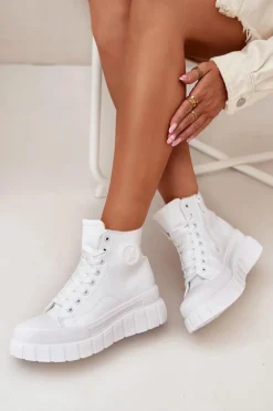 Ocieplane Wysokie Trampki Damskie Na Platformie Zamek Białe Sarira