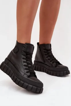 Ocieplane Wysokie Trampki Damskie Na Platformie Zamek Czarne Sarira