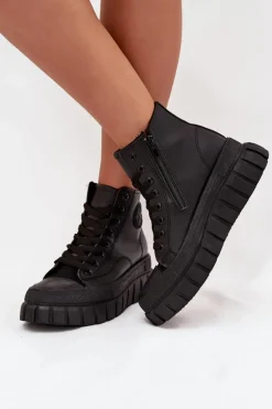 Ocieplane Wysokie Trampki Damskie Na Platformie Zamek Czarne Sarira