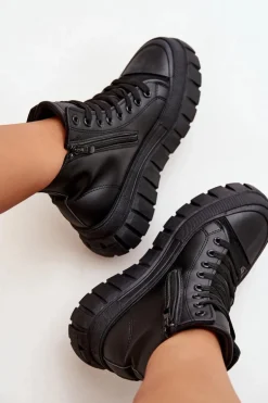 Ocieplane Wysokie Trampki Damskie Na Platformie Zamek Czarne Sarira