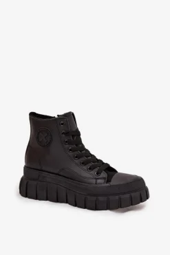 Ocieplane Wysokie Trampki Damskie Na Platformie Zamek Czarne Sarira