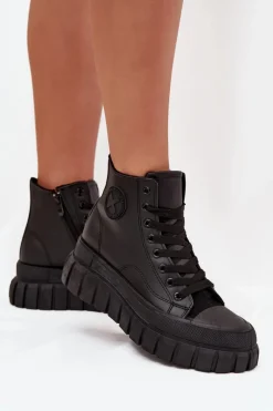 Ocieplane Wysokie Trampki Damskie Na Platformie Zamek Czarne Sarira