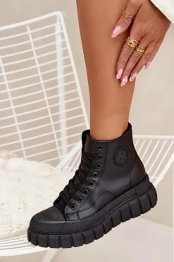 Ocieplane Wysokie Trampki Damskie Na Platformie Zamek Czarne Sarira