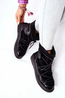 Ocieplane Zamszowe Botki Śniegowce Czarne Clarem