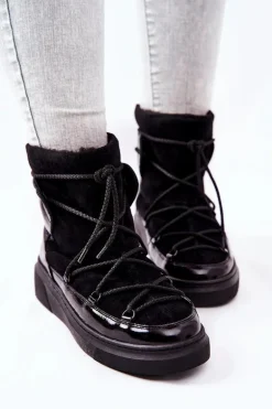 Ocieplane Zamszowe Botki Śniegowce Czarne Clarem