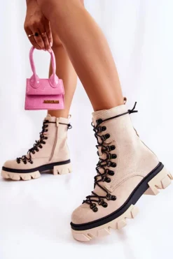 Ocieplane Zamszowe Botki Workery Wiązane Beżowe Pierro