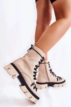 Ocieplane Zamszowe Botki Workery Wiązane Beżowe Pierro