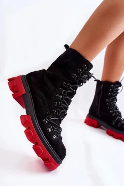 Ocieplane Zamszowe Botki Workery Wiązane Czarno-Czerwone Pierro