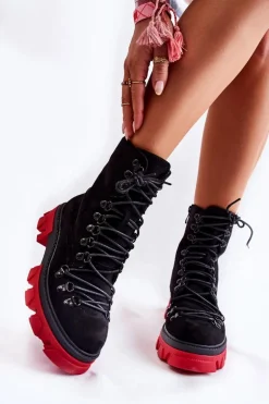 Ocieplane Zamszowe Botki Workery Wiązane Czarno-Czerwone Pierro