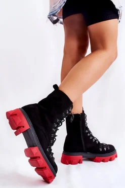 Ocieplane Zamszowe Botki Workery Wiązane Czarno-Czerwone Pierro