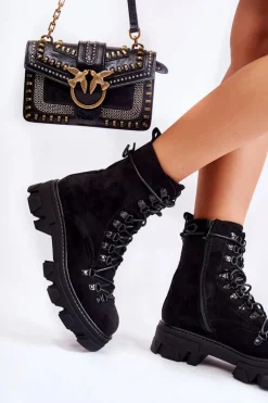 Ocieplane Zamszowe Botki Workery Wiązane Czarne Pierro