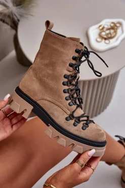 Ocieplane Zamszowe Botki Workery Wiązane Brązowe Pierro