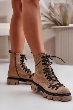 Ocieplane Zamszowe Botki Workery Wiązane Brązowe Pierro