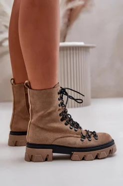 Ocieplane Zamszowe Botki Workery Wiązane Brązowe Pierro