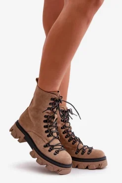 Ocieplane Zamszowe Botki Workery Wiązane Brązowe Pierro