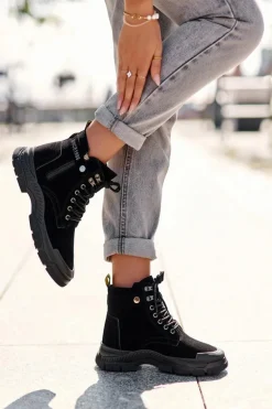 Ocieplane Zamszowe Damskie Botki Trapery Czarne Jailina