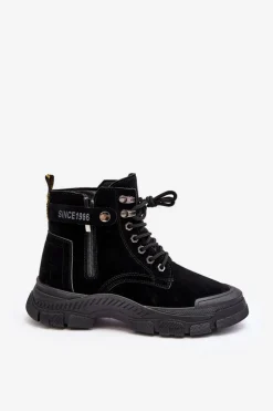 Ocieplane Zamszowe Damskie Botki Trapery Czarne Jailina