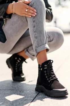 Ocieplane Zamszowe Damskie Botki Trapery Czarne Jailina