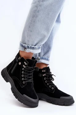 Ocieplane Zamszowe Damskie Botki Trapery Czarne Jailina