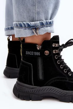 Ocieplane Zamszowe Damskie Botki Trapery Czarne Jailina