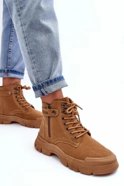 Ocieplane Zamszowe Damskie Botki Trapery Camel Jailina