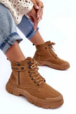 Ocieplane Zamszowe Damskie Botki Trapery Camel Jailina