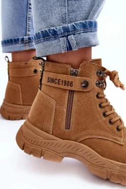 Ocieplane Zamszowe Damskie Botki Trapery Camel Jailina