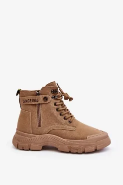 Ocieplane Zamszowe Damskie Botki Trapery Beżowe Jailina