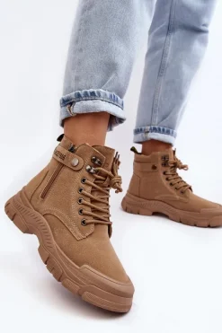 Ocieplane Zamszowe Damskie Botki Trapery Beżowe Jailina
