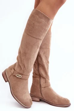 Ocieplane Zamszowe Kozaki Na Płaskim Obcasie S.Barski HY07-31 Beżowe