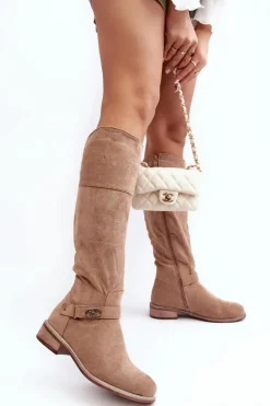 Ocieplane Zamszowe Kozaki Na Płaskim Obcasie S.Barski HY07-31 Beżowe