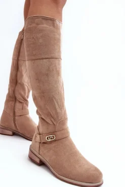 Ocieplane Zamszowe Kozaki Na Płaskim Obcasie S.Barski HY07-31 Beżowe