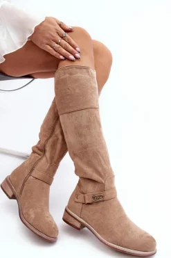 Ocieplane Zamszowe Kozaki Na Płaskim Obcasie S.Barski HY07-31 Beżowe