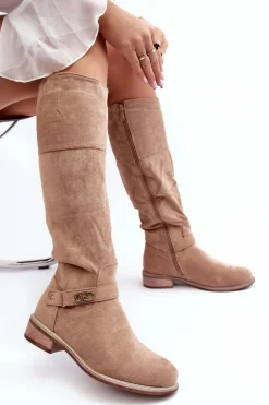 Ocieplane Zamszowe Kozaki Na Płaskim Obcasie S.Barski HY07-31 Beżowe