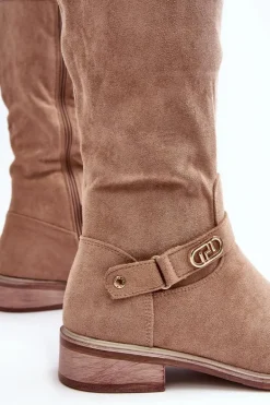 Ocieplane Zamszowe Kozaki Na Płaskim Obcasie S.Barski HY07-31 Beżowe