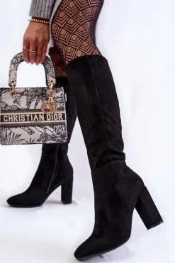 Ocieplane Zamszowe Kozaki Na Słupku Czarne Obsessive