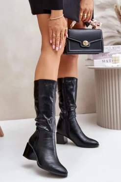 Ocieplnae Kozaki Na Słupku Eko Skórzane Do Połowy Łydki Czarne Ellithira