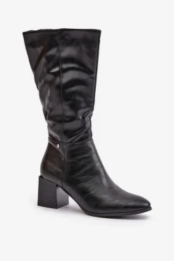 Ocieplnae Kozaki Na Słupku Eko Skórzane Do Połowy Łydki Czarne Ellithira