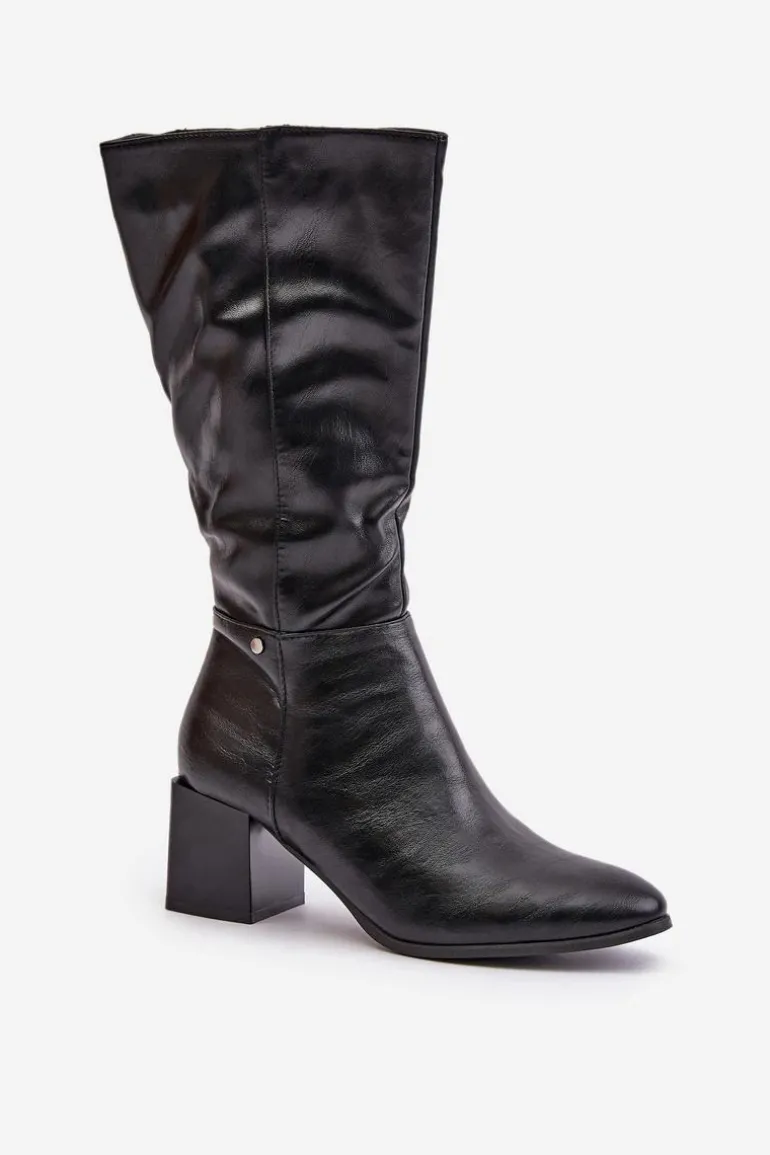 Ocieplnae Kozaki Na Słupku Eko Skórzane Do Połowy Łydki Czarne Ellithira