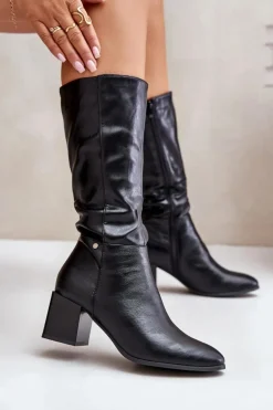 Ocieplnae Kozaki Na Słupku Eko Skórzane Do Połowy Łydki Czarne Ellithira