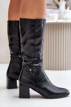 Ocieplnae Kozaki Na Słupku Eko Skórzane Do Połowy Łydki Czarne Ellithira