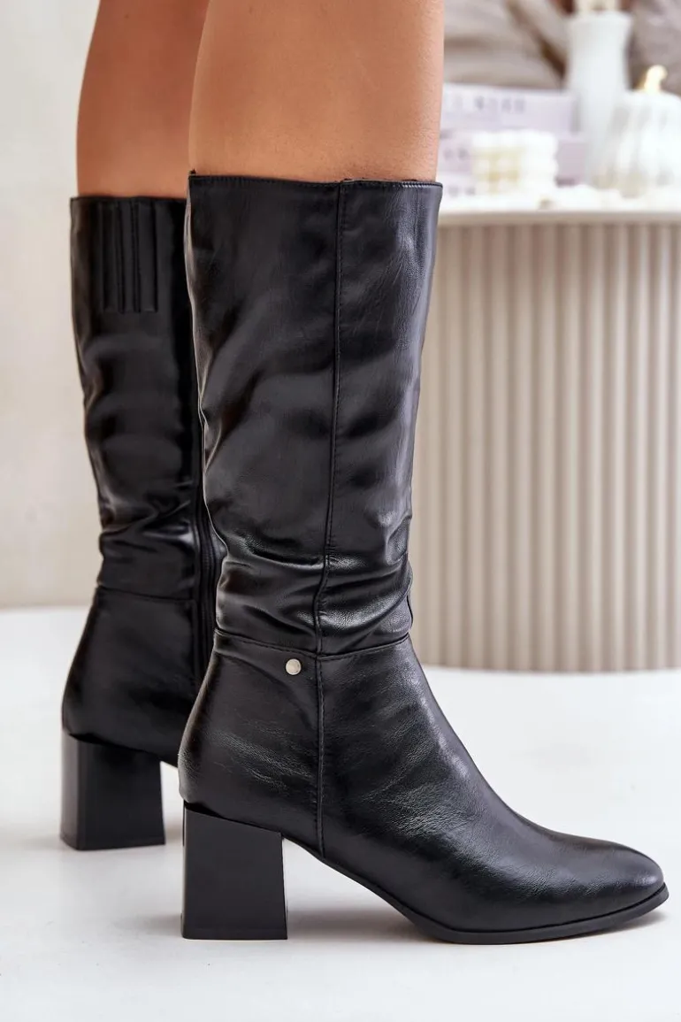 Ocieplnae Kozaki Na Słupku Eko Skórzane Do Połowy Łydki Czarne Ellithira