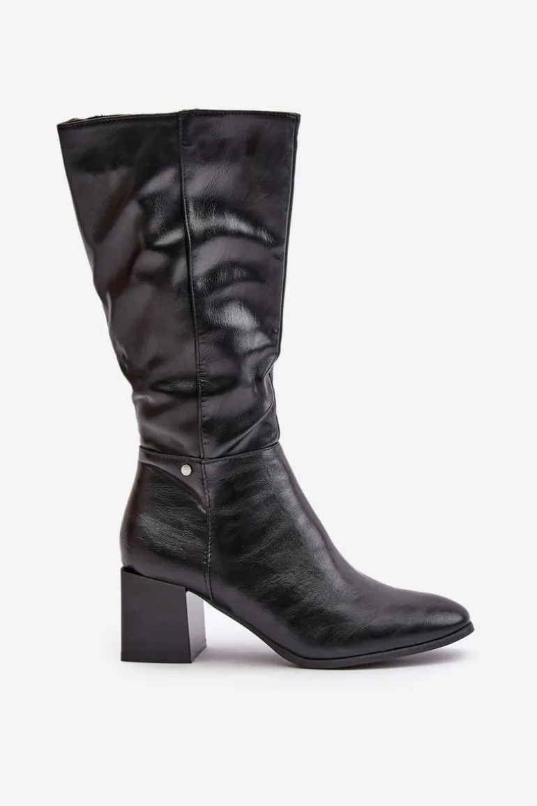 Ocieplnae Kozaki Na Słupku Eko Skórzane Do Połowy Łydki Czarne Ellithira