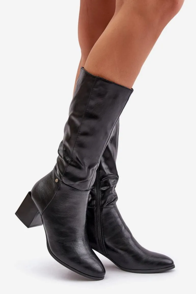 Ocieplnae Kozaki Na Słupku Eko Skórzane Do Połowy Łydki Czarne Ellithira
