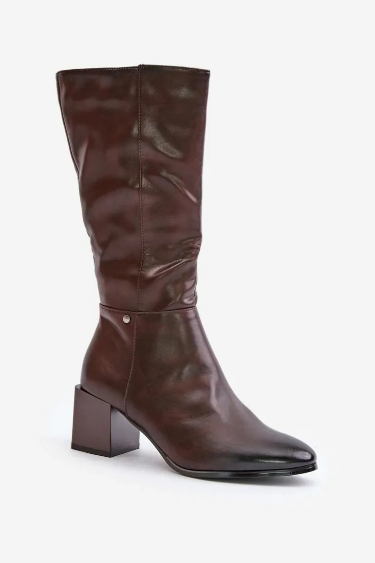 Ocieplnae Kozaki Na Słupku Eko Skórzane Do Połowy Łydki Brązowe Ellithira