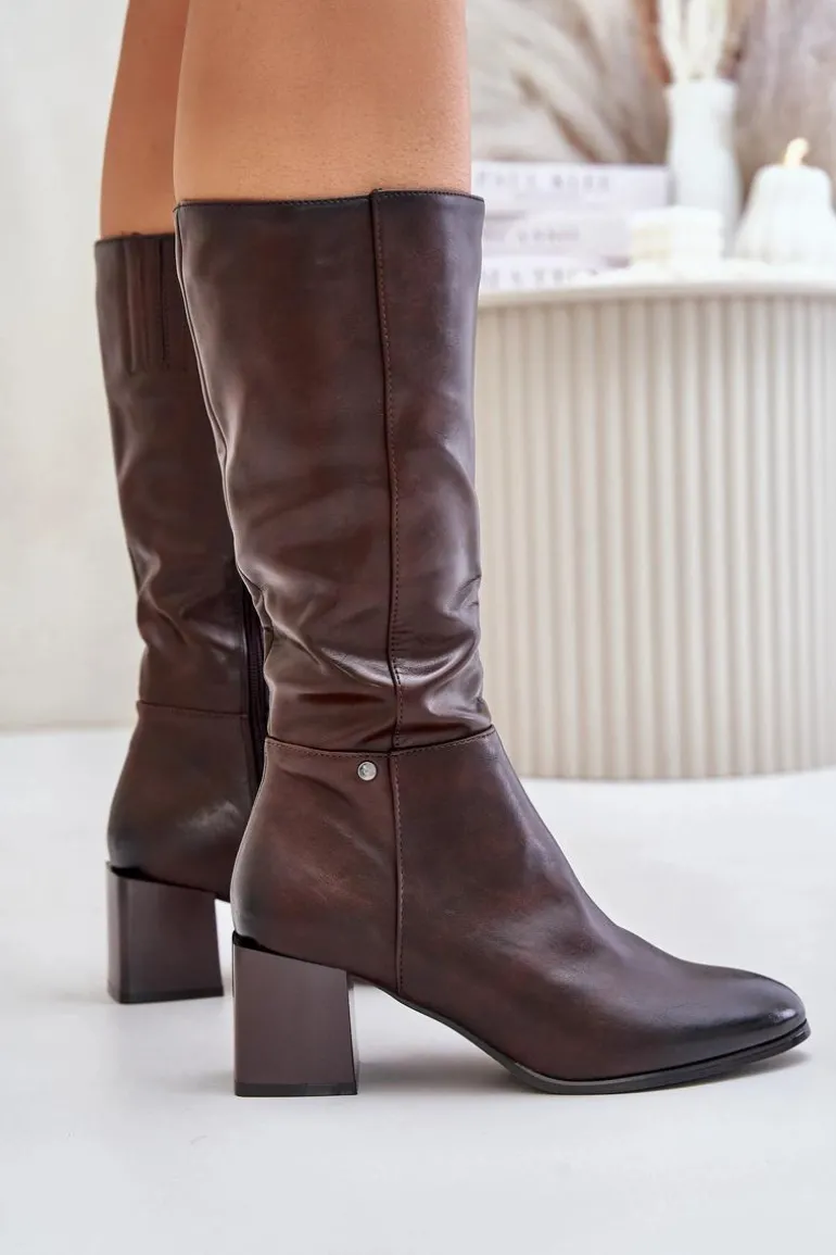 Ocieplnae Kozaki Na Słupku Eko Skórzane Do Połowy Łydki Brązowe Ellithira