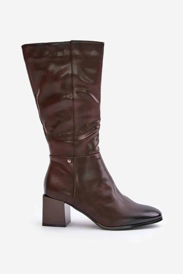 Ocieplnae Kozaki Na Słupku Eko Skórzane Do Połowy Łydki Brązowe Ellithira