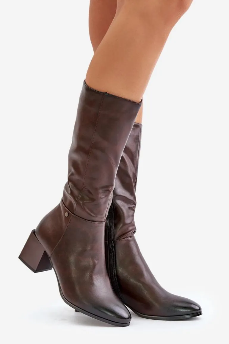 Ocieplnae Kozaki Na Słupku Eko Skórzane Do Połowy Łydki Brązowe Ellithira